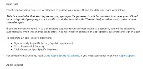 Apple App Specific Password Email Reminder