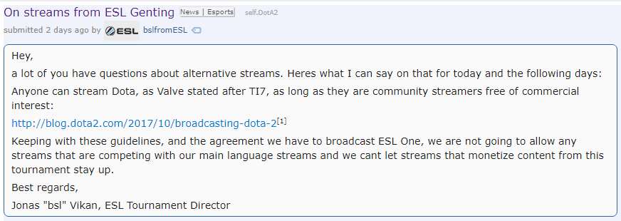 ESL One Genting Dota 2 Reddit Notice