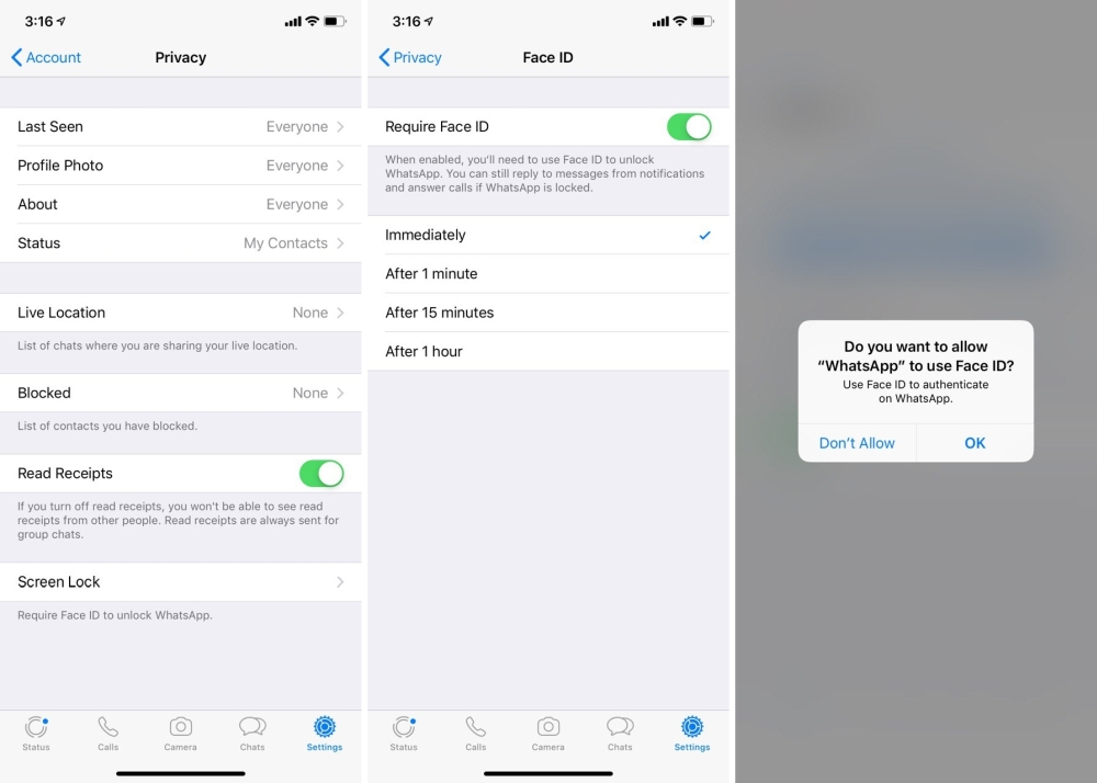 WhatsApp iOS Face ID process