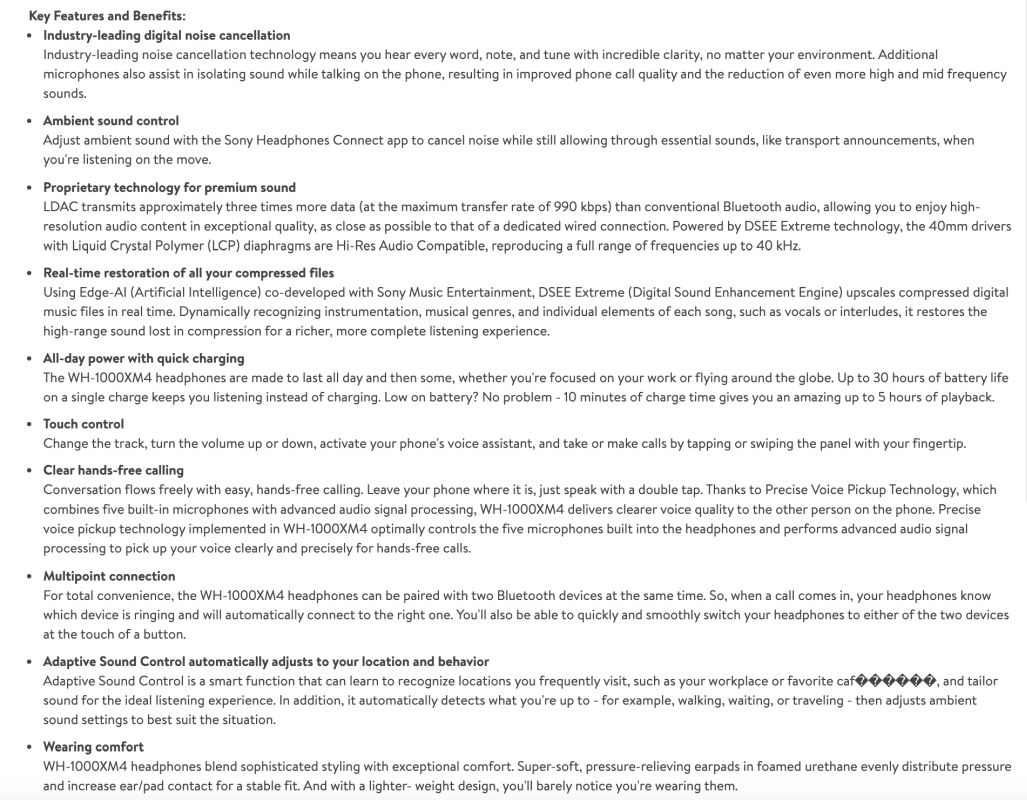 Sony WH 1000XM4 features sheet